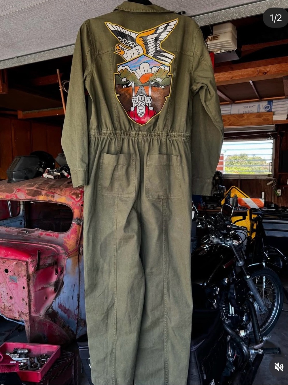 Olive Green Custom Motorcycle Vintage Coveralls size 8